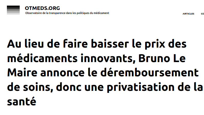 🟥 1/3 Notre réaction aux annonces de @BrunoLeMaire : ▶️Le gouvernement franchit une nouvelle étape dans l'austérité, donc la privatisation du système de santé. Au lieu de faire baisser les prix exorbitants des traitements innovants. otmeds.org/communique-de-…