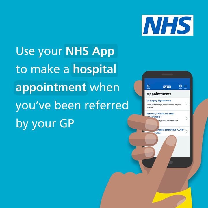 NHSuk's tweet image. You can use your NHS App to book your first hospital or clinic appointment when you’ve been referred by your GP.

Download the NHS App now ➡️  nhs.uk/app