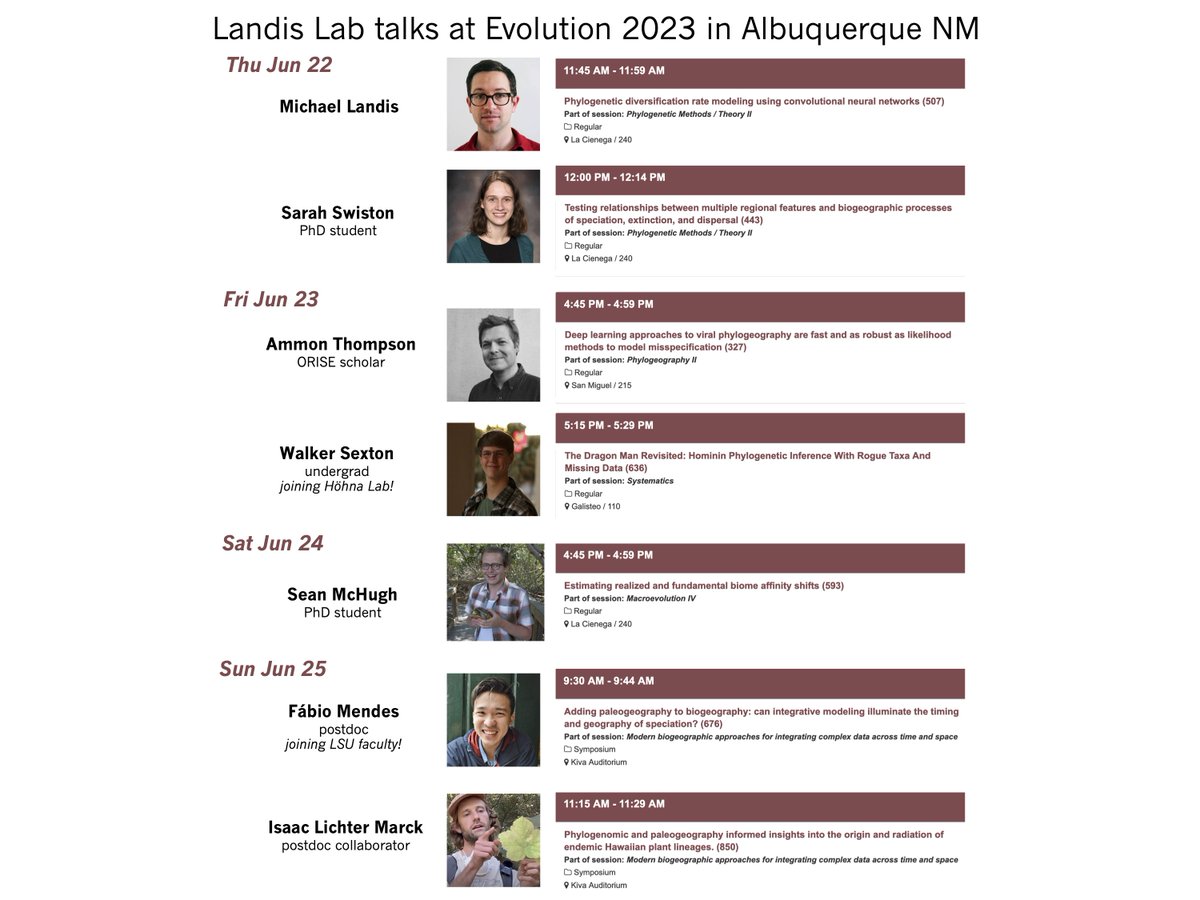 Looking forward to seeing old friends and making new ones at #Evol2023 in Albuquerque next week! Here's a list of talks with my collaborators, plus some of their good news shared in the margins #phylogenetics #biogeography #methods @Evol_mtg @systbiol