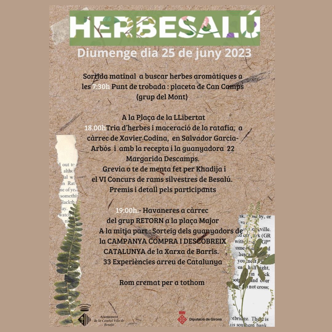 Besalú Turisme (@besalu_turisme) on Twitter photo Diumenge, 25 de juny
HERBESALÚ 2023
A partir de les 18h a la Plaça de la Llibertat.
Besalú t'espera!!!
<a href="/Vadorgarbos/">VadorGarciaArbos</a>
<a href="/RatafiaRusset/">Ratafia Russet</a>
<a href="/turismegarrotxa/">Associació Turisme Garrotxa</a>
<a href="/costabrava/">Costa Brava Pirineu</a>
<a href="/Aj_Besalu/">Ajuntament de Besalú</a> Diumenge, 25 de juny
HERBESALÚ 2023
A partir de les 18h a la Plaça de la Llibertat.
Besalú t'espera!!!
<a href="/Vadorgarbos/">VadorGarciaArbos</a>
<a href="/RatafiaRusset/">Ratafia Russet</a>
<a href="/turismegarrotxa/">Associació Turisme Garrotxa</a>
<a href="/costabrava/">Costa Brava Pirineu</a>
<a href="/Aj_Besalu/">Ajuntament de Besalú</a>