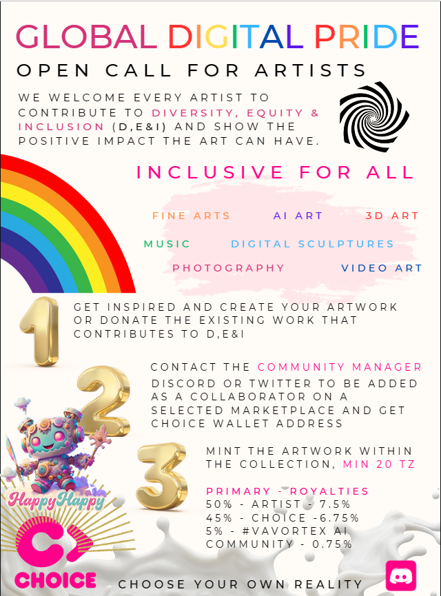 VAVortex's tweet photo. 🏳️🌈OPENCALL ALL ARTIST🏳️🌈
@ChoiceLgbt and #VAVortex
invite to collaboration on @objktcom
to support #GlobalDigitalPride23 🌈
✨Post Art⬇️⬇️⬇️
✨DM #tezos wallet to join the collection
✨Tag friends + #VAVortexRainbow🌈
Winners will be showcased @ Pride Festival 2023
#LGBTQIA https://t.co/NQKBgx7XZp