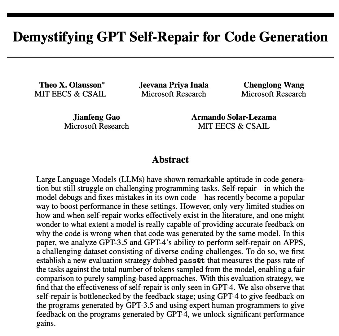 GPT-4 self-repair prompt...

"You are a helpful programming assistant and an expert Python programmer . You are helping a user write a program to solve a problem . The user has written some code , but it has some errors and is not passing the tests . The user has spent some time