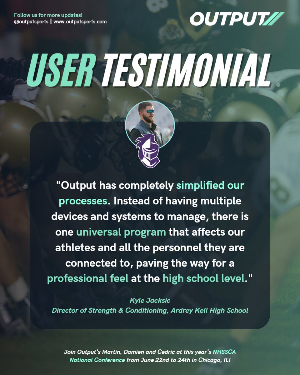 OutputSports's tweet photo. Awesome to receive this feedback from @kylejacksic, Director of Strength &amp; Conditioning, Ardrey Kell High School and North Carolina State Director, @nhssca!

#strength #coach #sportsscience #OutputSports #NHSSCA #user #testimonial https://t.co/tZSYclelB5