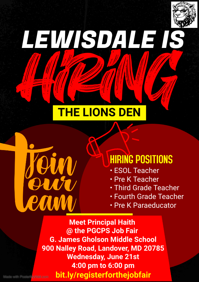 Lewisdale needs you! We need An ESOL Teacher, a Pre K Teacher, a 3rd Grade Teacher,  a 4th grade teacher, and a Pre-K Para-Educator  Register at: docs.google.com/forms/d/e/1FAI…