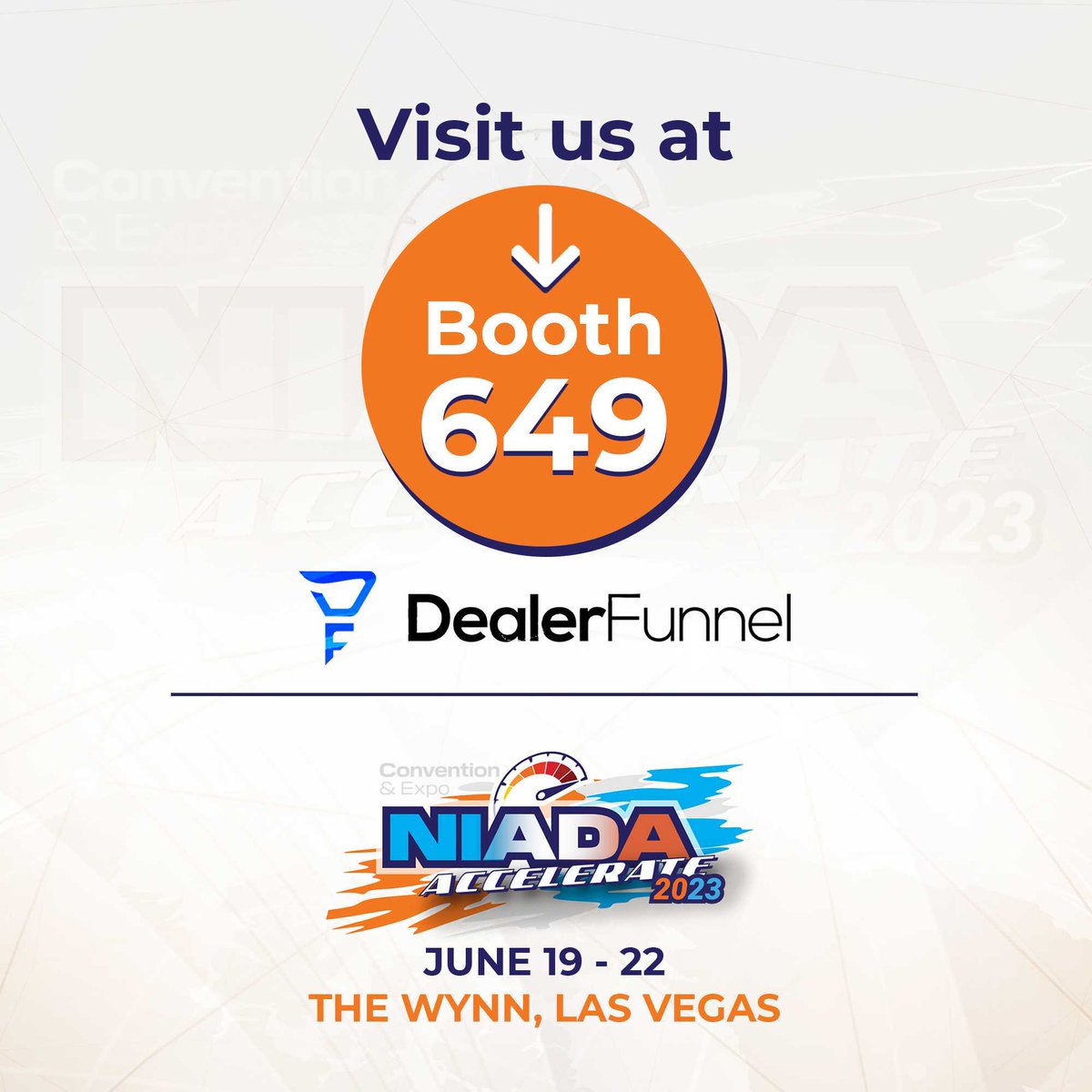 dealerfunnel's tweet photo. Ready to take your dealership to the next level? Find us at Booth 649 at NIADA Accelerate 2023 to see how Dealer Funnel combines SMS, AI, and Video to enhance dealership communication. June 19-22, Wynn Las Vegas – see you there! #NIADAAccelerate2023 #NextLevelDealership https://t.co/ujTE0fJZVF