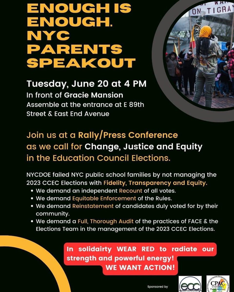 Like so many things in the DOE right now, CEC elections are not being run the way they should be.  Come out to demand accountability for the elections and make sure @NYCMayor and @DOEChancellor know we won’t stand by while a hate group tries to take over our CECs.