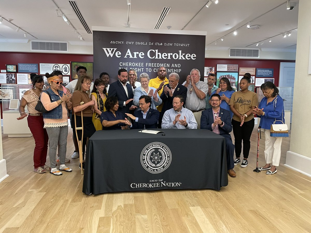Cherokee Nation (@cherokeenation) on Twitter photo Principal Chief <a href="/ChuckHoskin_Jr/">Chief Chuck Hoskin, Jr.</a> gathered with Cherokee Nation leaders and citizens at the Cherokee National History Museum in Tahlequah to celebrate #Juneteenth! 💜
Chief Hoskin signed a proclamation observing today — June 19, 2023 — as Juneteenth in the Cherokee Nation. Principal Chief <a href="/ChuckHoskin_Jr/">Chief Chuck Hoskin, Jr.</a> gathered with Cherokee Nation leaders and citizens at the Cherokee National History Museum in Tahlequah to celebrate #Juneteenth! 💜
Chief Hoskin signed a proclamation observing today — June 19, 2023 — as Juneteenth in the Cherokee Nation.