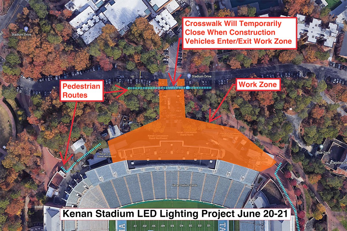 🏗️ A crane will be staged outside the north entrance of Kenan Stadium June 20-21 in support of an LED stadium light installation project. Pedestrians should obey all signs and barriers and follow designated routes. For parking and pedestrian impacts, visit go.unc.edu/Ek9t8