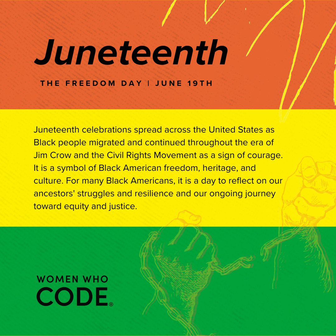 On #Juneteenth, we come together to commemorate the precious gift of #freedom, honor the unwavering activism that has brought us to this point, and renew our commitment to the critical work that remains. ✊🏾 🌎 

womenwhocode.com/blog/juneteent…

#WomenWhoCode
#WWCode
#AmplifyBlackVoices