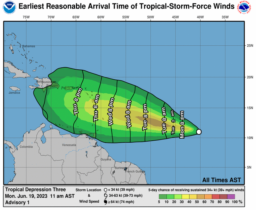Jun 19 11AM EDT: Tropical Depression Three has formed in the central tropical Atlantic. Everyone in the Lesser 
Antilles, Puerto Rico, and Virgin Islands should closely monitor updates to the forecast at hurricanes.gov  and have their hurricane plan in place.