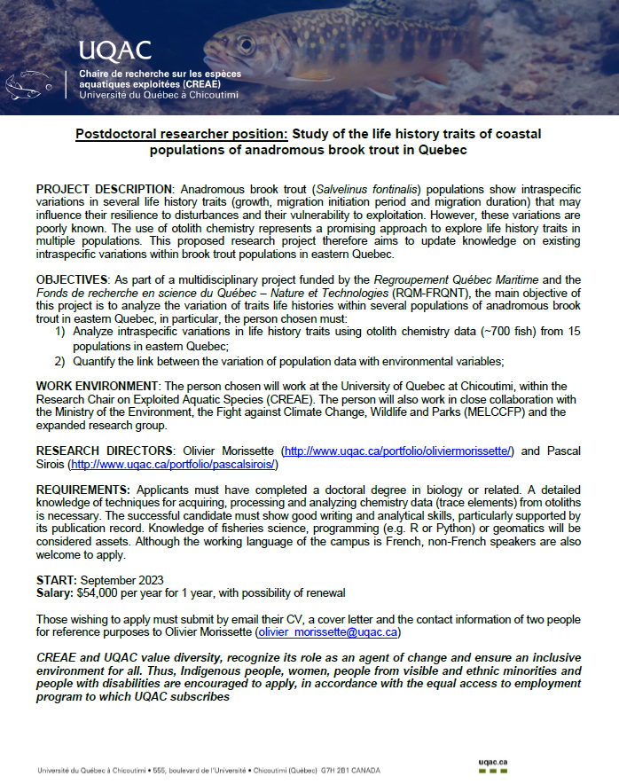 Please RT: Postdoc position. Our Research Chair is looking for a postdoc to work on #brooktrout #otolith chemistry at <a href="/UQAC/">UQAC</a>  (to begin in September). Please contact me if you need more information <a href="/FRQ_NT/">FRQ - secteur Nature et technologies</a> drive.google.com/file/d/1pAom8e…