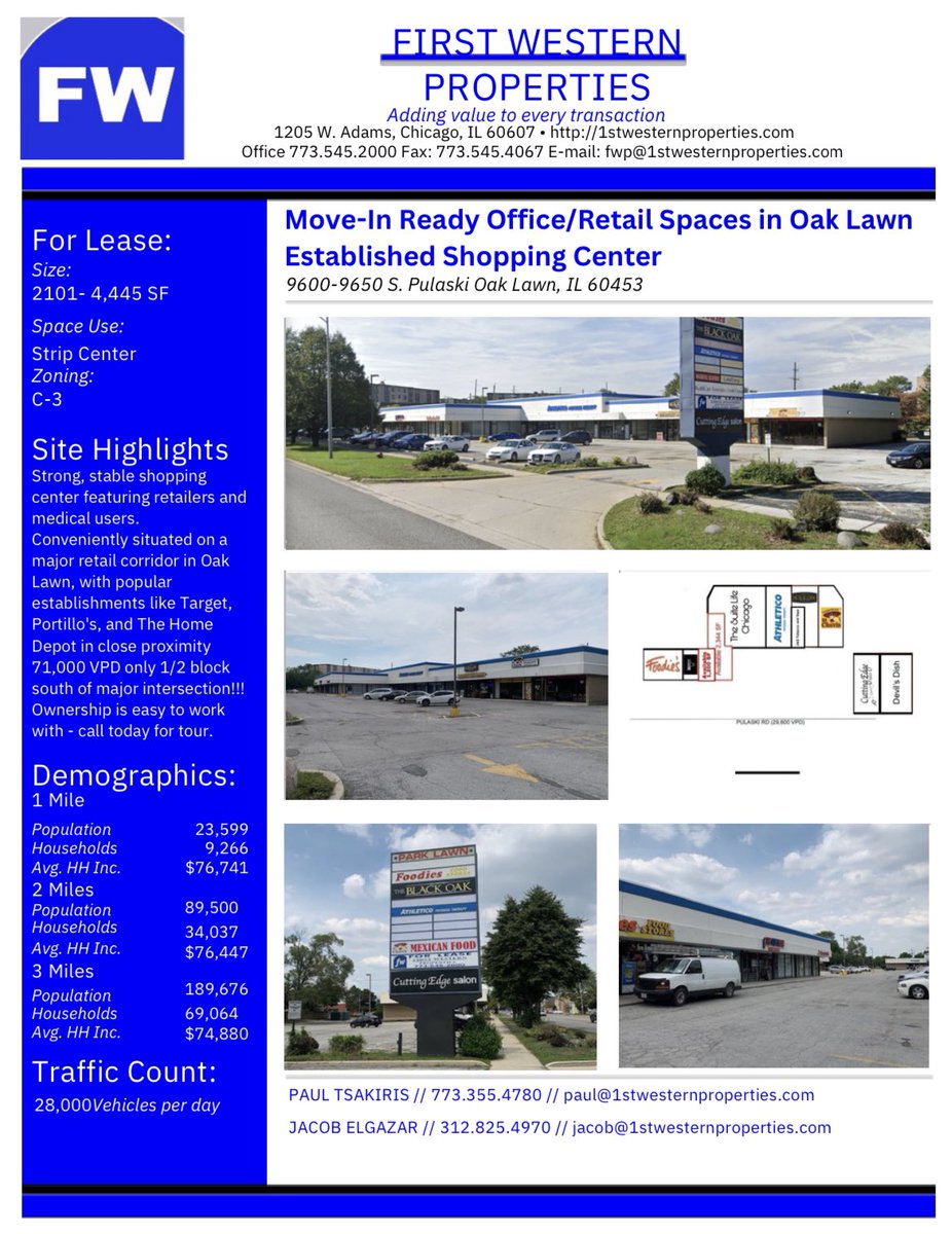 1stwesternprop's tweet photo. RETAIL/MEDICAL SPACE NEAR HIGH TRAFFIC 95TH STREET!

Contact:
Jacob Elgazar
First Western Properties
312.825.4970
jacob@1stwesternproperties.com https://t.co/0rbWbbuwqc