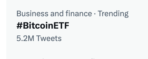 BitcoinMagazine's tweet photo. Millions are tweeting about #BitcoinETF 

Probably nothing. https://t.co/GJEhPyL2Ic