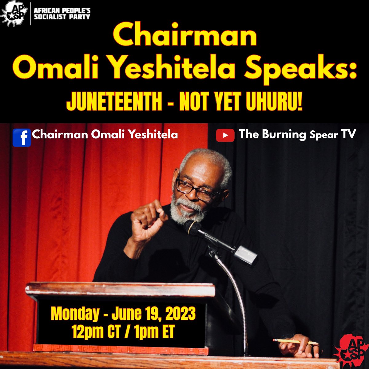 Uhuru!

I will be LIVE for a special Chairman Omali Yeshitela Speaks broadcast, titled “Juneteenth - Not Yet Uhuru!”

Monday, June 19, 2023 @ 12pm CT / 1pm ET (via the links below).

#OmaliYeshitela #ChairmanOmaliYeshitela #Juneteenth #NotYetUhuru #HandsOffUhuru #HandsOffAfrica
