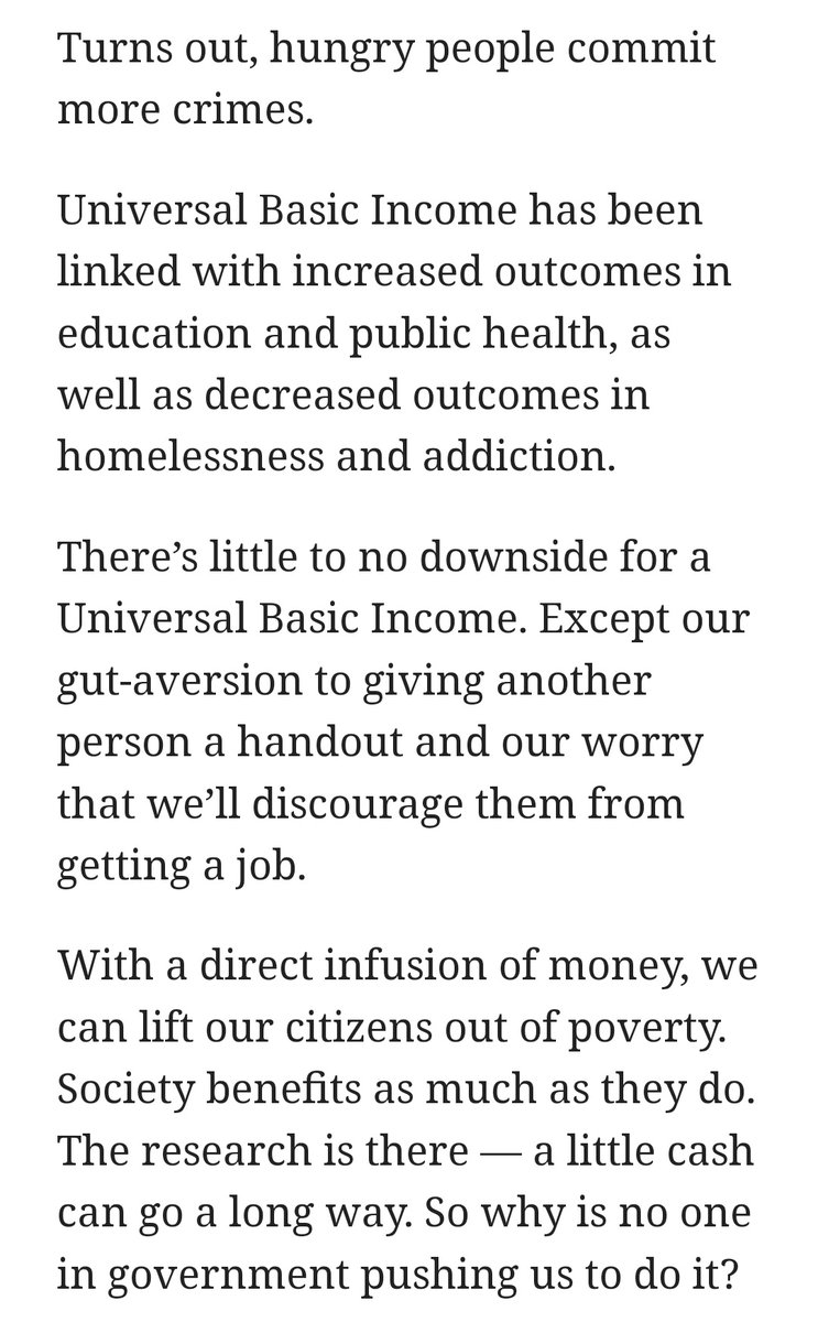 'I used to think that Universal Basic Income made no sense at all… but as evidenced by several studies, recipients of UBI work harder, longer, and use fewer public resources… So why is no one in government pushing us to do it?'

Another #UBI skeptic persuaded by the evidence.