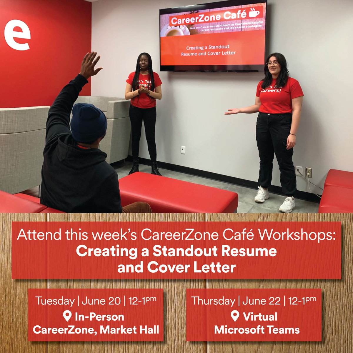 Learn how to best showcase your skills and experiences to potential employers in a resume and cover letter. Join us from 12 to 1 p.m. on Tuesday in CareerZone or Thursday on MS Teams (link in bio).
