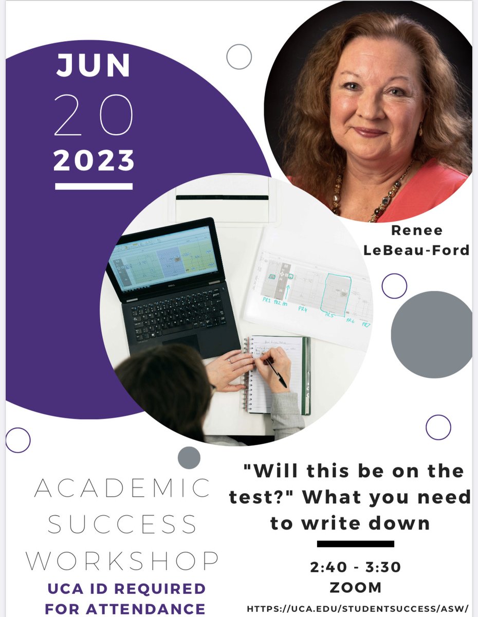 Be sure to attend the Academic Success Workshop happening tomorrow by 2:40 -3:30pm.

Click on the link below for a complete listing of times, dates, topics, descriptions, and the button to add them all to your google calendar.

uca.edu/studentsuccess…