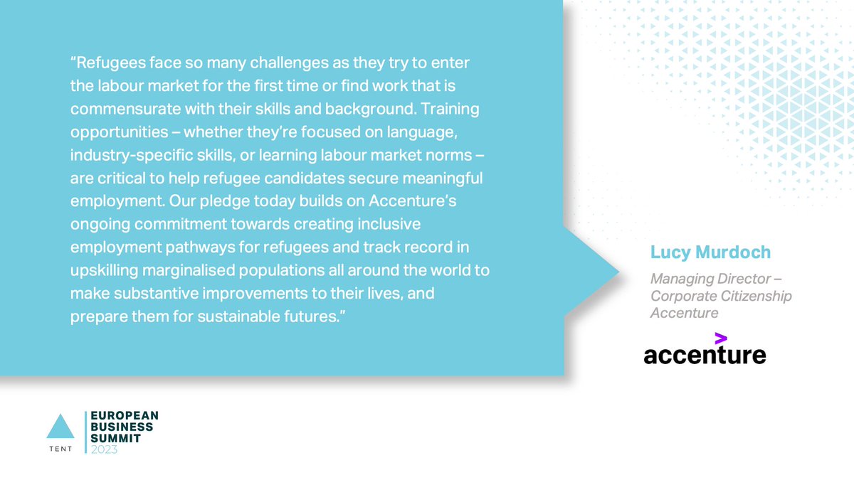 Investing in #refugees is the <a href="/Accenture/">Accenture</a> way!

As the largest training pledge at <a href="/TentOrg/">Tent Partnership for Refugees</a>’s #EuropeanBizSummit, Accenture committed to help skill &amp; support an estimated 16,000 refugee job seekers &amp; migrants in Europe 💪