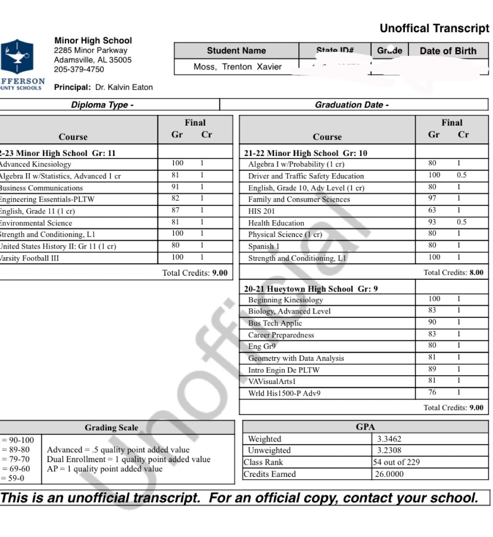 trent_m4's tweet photo. Unofficial Transcript. 3.3 Core gpa 🚨going into my senior year #Student-athlete https://t.co/0LKLTSyJbO