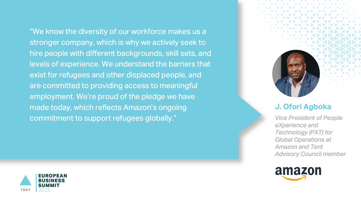 TentOrg's tweet photo. At @TentOrg’s #EuropeanBizSummit, @Amazon makes the largest brand hiring commitment by pledging to hire at least 5,000 #refugees and train 10,000 across Europe by 2026! 🤩

#RefugeesWork https://t.co/FSt2kydYVe