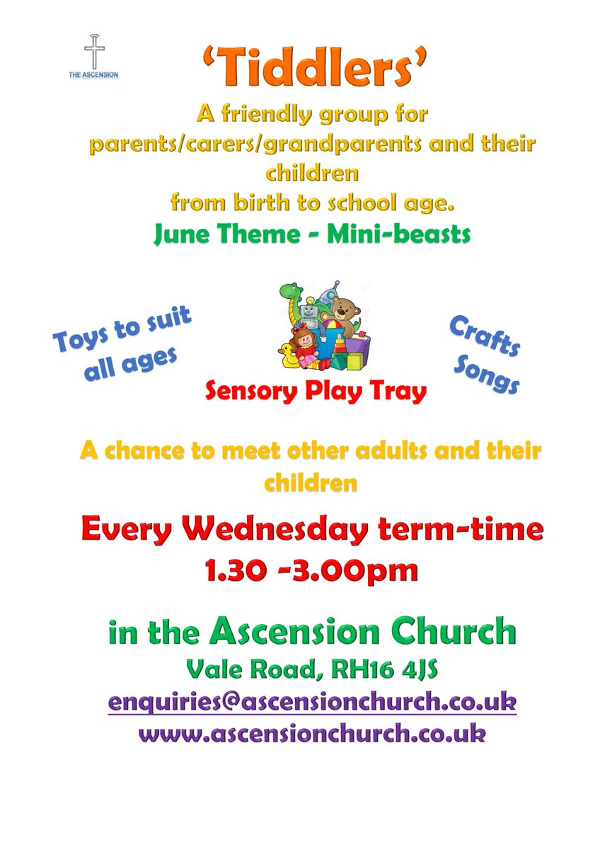 Would your under school age person enjoy some free fun in Haywards Heath? 

Join us at Tiddlers - 1.30-3.00pm every term time Wednesday. No need to book - just come with your little person - we'd love to see you at The Ascension Church, 110 Vale Rd, HH, RH16 4JS 

Do share 😀