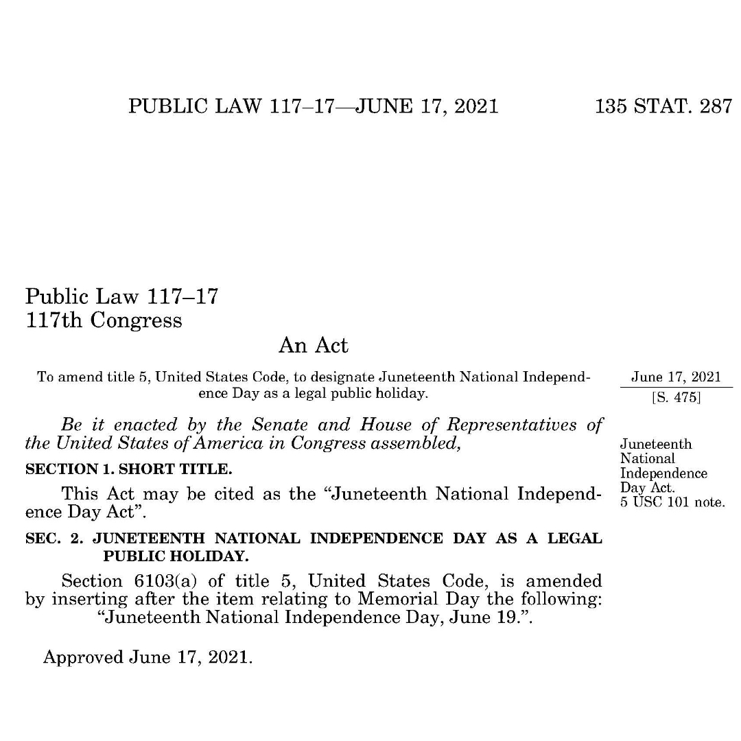 UMichLawLib's tweet photo. In honor of Juneteenth, here is a scanned copy of Pub. L. No. 117–17, which established Juneteenth as a national holiday. https://t.co/CsnMobWXo8
