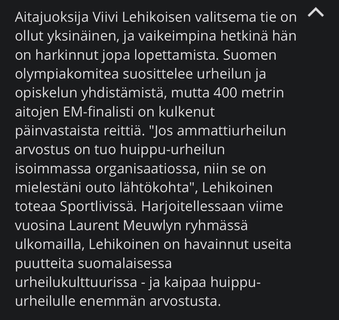 Puolueellisesti suosittelen katsomaan Viivin tarinaa huippu-urheilusta, johon myös tuore hallitusohjelma liittyy.

Kaksoisura on suomalaisen urheilun arvovalinta ja tämän arvovalinnan Viivi kyseenalaistaa nykymuodossaan.

Itse huippu-urheilua tulisi arvostaa enemmän #yleisurheilu
