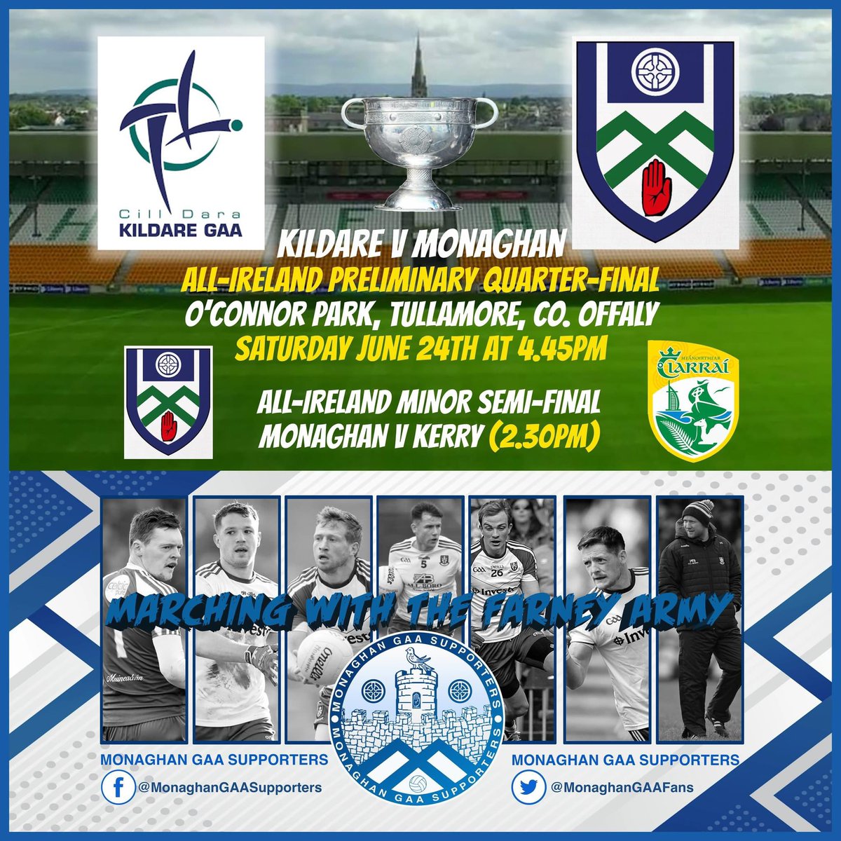 MonaghanGAAFans's tweet photo. A massive day for Monaghan GAA this Saturday in Tullamore. High stakes knock out Championship football for both our minor &amp; senior teams. Would be great to see the Farney Army travel in huge numbers for this. Spread the word. 

C'monaghan! #monaghangaa https://t.co/vIMTtW4zVh