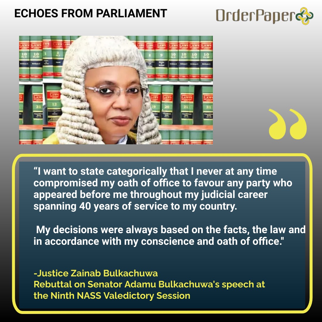 OrderPaper's tweet photo. #EchoesFromParliament: Justice Bulkachuwa (Rtd) issues statement countering her husband's @NASSNigeria Valedictory Speech on her judicial decisions while in active service.
Do you agree with her statement?
Share your thoughts π€ in the comment section.
#9thNASS #NASS #9thNASSValedictorySession #Judiciary