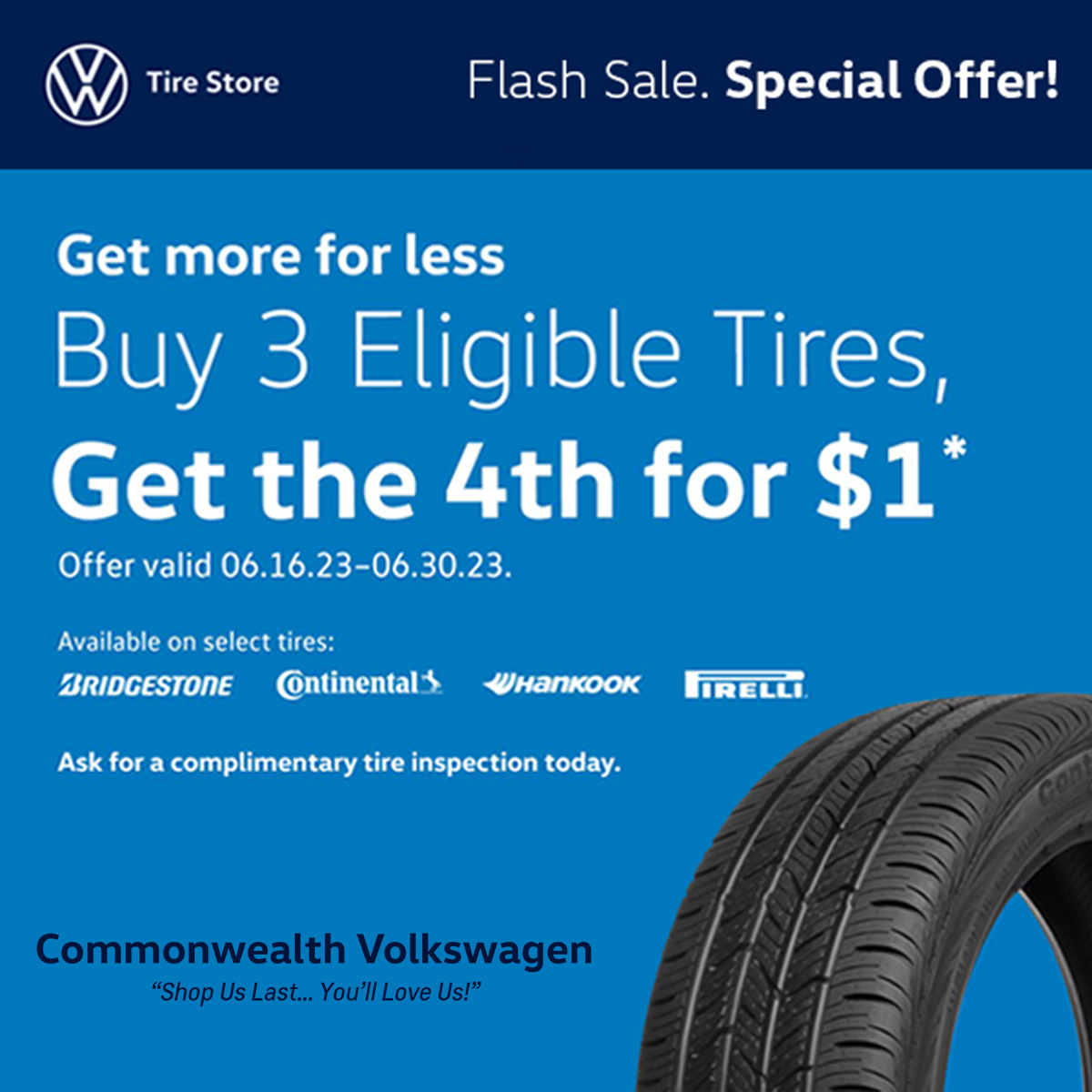 Enjoy this incredible offer on a new set of tires! 🔥 Buy 3 Eligible Tires, Get the 4th for $1* Now Thru June 30th. Shop here: bit.ly/CMVWtires

 #tires #vw #service #newtires #boston #ma #lawrence #local #tire #save