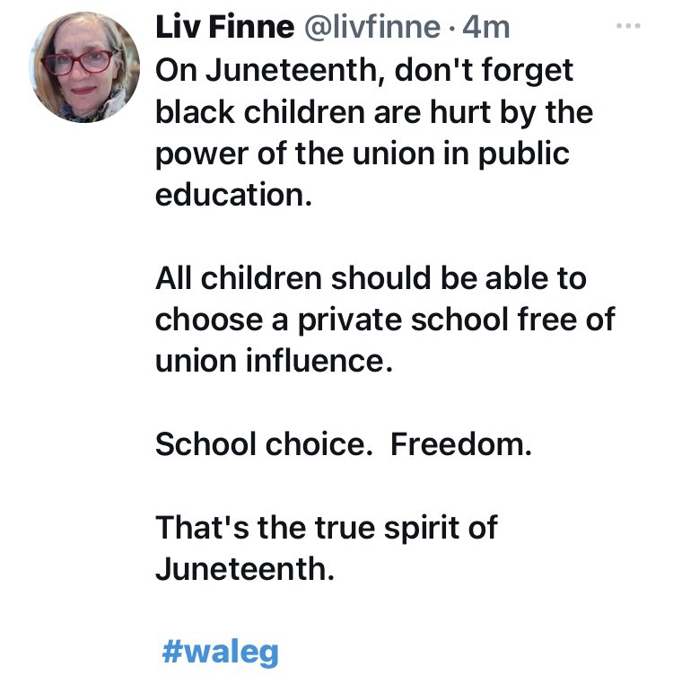 So when the white supremacist from the RW 'think' tank shamelessly tries to use Juneteenth to attack teachers unions over schools closed by politicians & health officials during a pandemic, think about the kids prevented from attending school for YEARS d/t racists. #waleg #waedu