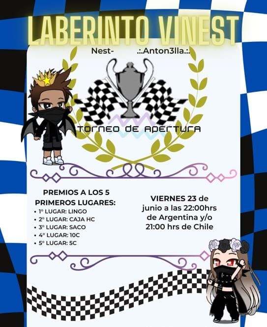 ¡Hola a todos, Sean Bienvenidos al Nuevo Laberinto Vinest!💥

¡Estaremos Inaugurando con un Torneo!💫

Sorteo De 20c Incluido (Un Ganador)
Requisitos:
1. Seguirnos a <a href="/LaberintoVinest/">Laberinto Vinest & Neuyin</a> 
2. Dar Rt
3. Mencionar a un Amigo (5C)
El sorteo Finaliza el Miercoles 21/06

LOS ESPERAMOS🙌💫