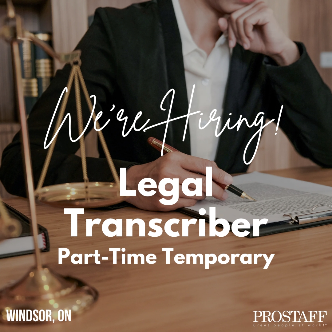 Are you looking for extra work with a flexible schedule? We’re #hiring a #parttime Legal Transcriber in Windsor, ON!

Pay: $18 to $30 per hour

Send your resume to JOBS@PROSTAFFWORKS.CA

Share this with somebody looking for part-time work!

#prostaffworks #jobboard #yqg #windsor