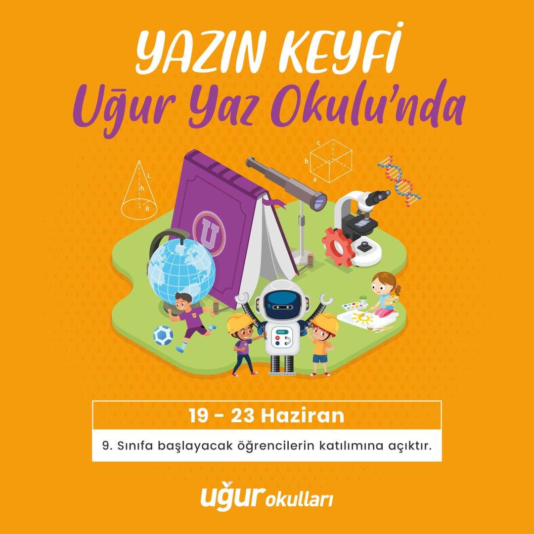 Sanattan spora, bilimden teknolojiye birbirinden eğlenceli aktivite ve etkinlikler için Uğur Yaz Okulu'na sen de katıl, hem arkadaşlarınla sosyalleş hem de becerilerini geliştir.19-23 Haziran tarih ve 11:00-13:00 saatlerinde ücretsiz olup 9.sınıfa geçen arkadaşlar katılabilir