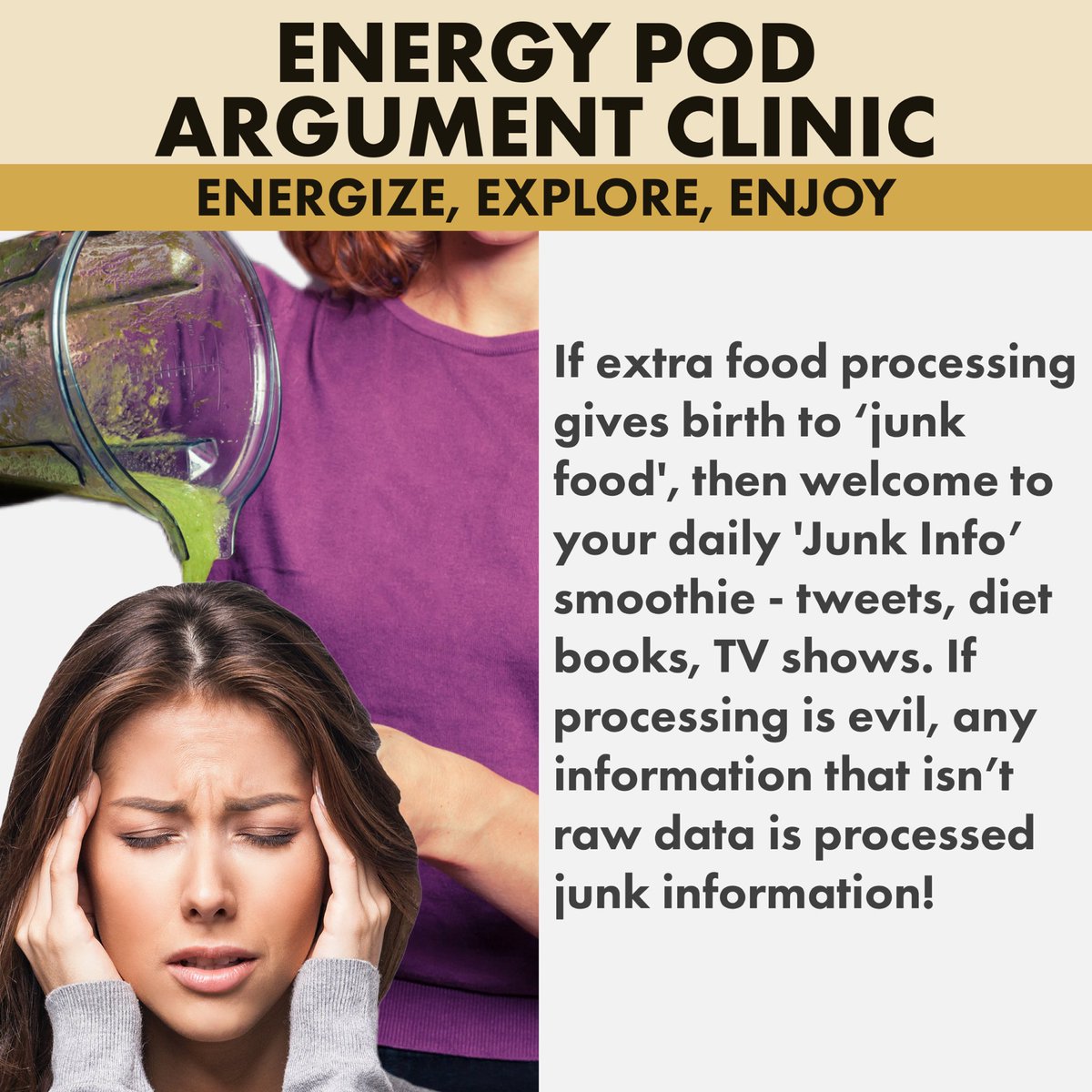 PodArgument's tweet photo. 🚨Breaking: If extra processing = evil junk food, what's a recipe or diet book? Say hi to #JunkInfo!😲 

Let's gorge on raw data, good science &amp; Energy Pods - Where substance meets taste!🔬

 #EnergyPods #JunkInformation #RawDataCrew https://t.co/mna13DpOKC