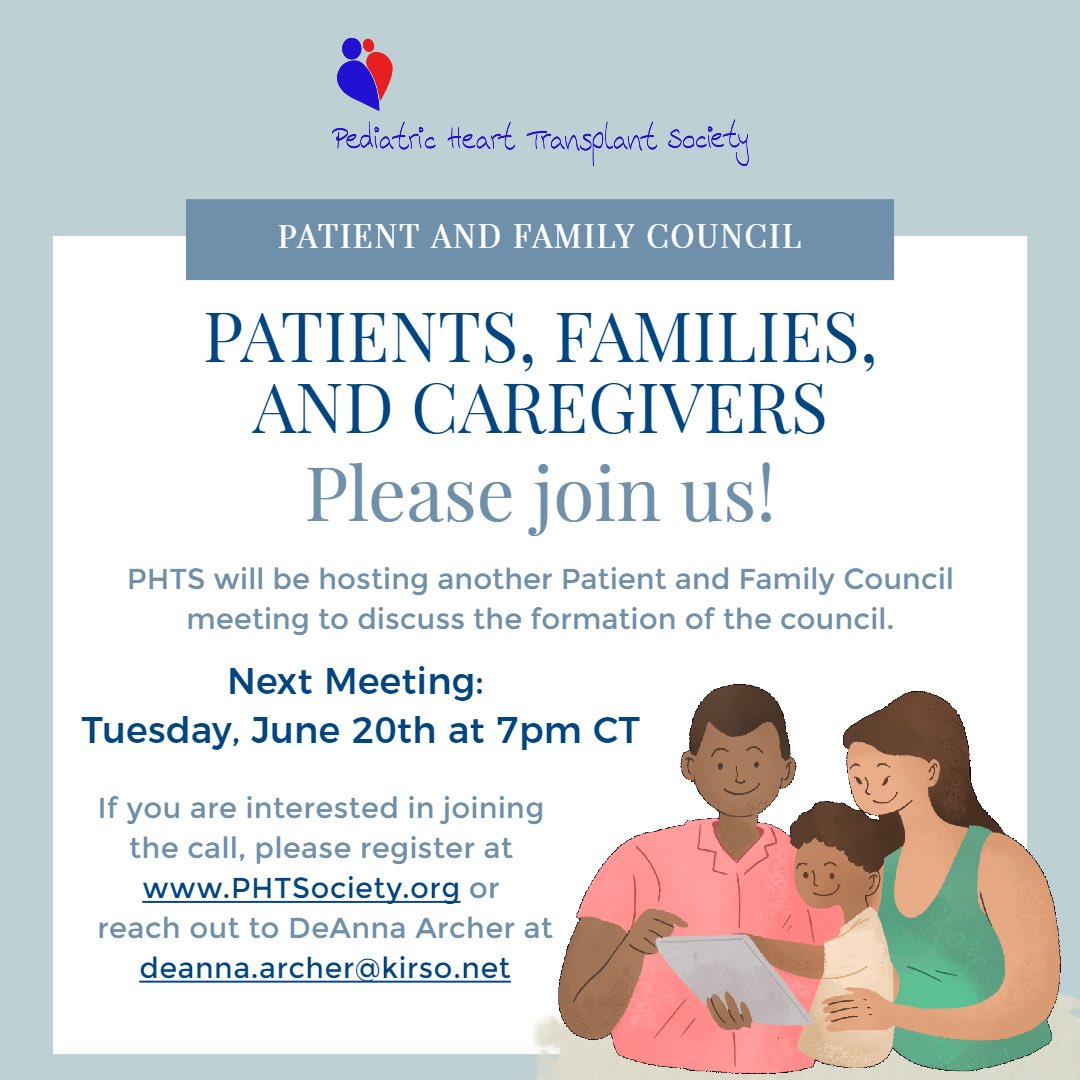 PHTSociety (@phtsociety) on Twitter photo Attention patients, families and caregivers: Join <a href="/PHTSociety/">PHTSociety</a> tomorrow, Tuesday, June 20th at 7pm CT for the PHTS Patient and Family Council Meeting. Register at PHTSociety.org or reach out to DeAnna at deanna.archer@kirso.net. Attention patients, families and caregivers: Join <a href="/PHTSociety/">PHTSociety</a> tomorrow, Tuesday, June 20th at 7pm CT for the PHTS Patient and Family Council Meeting. Register at PHTSociety.org or reach out to DeAnna at deanna.archer@kirso.net.