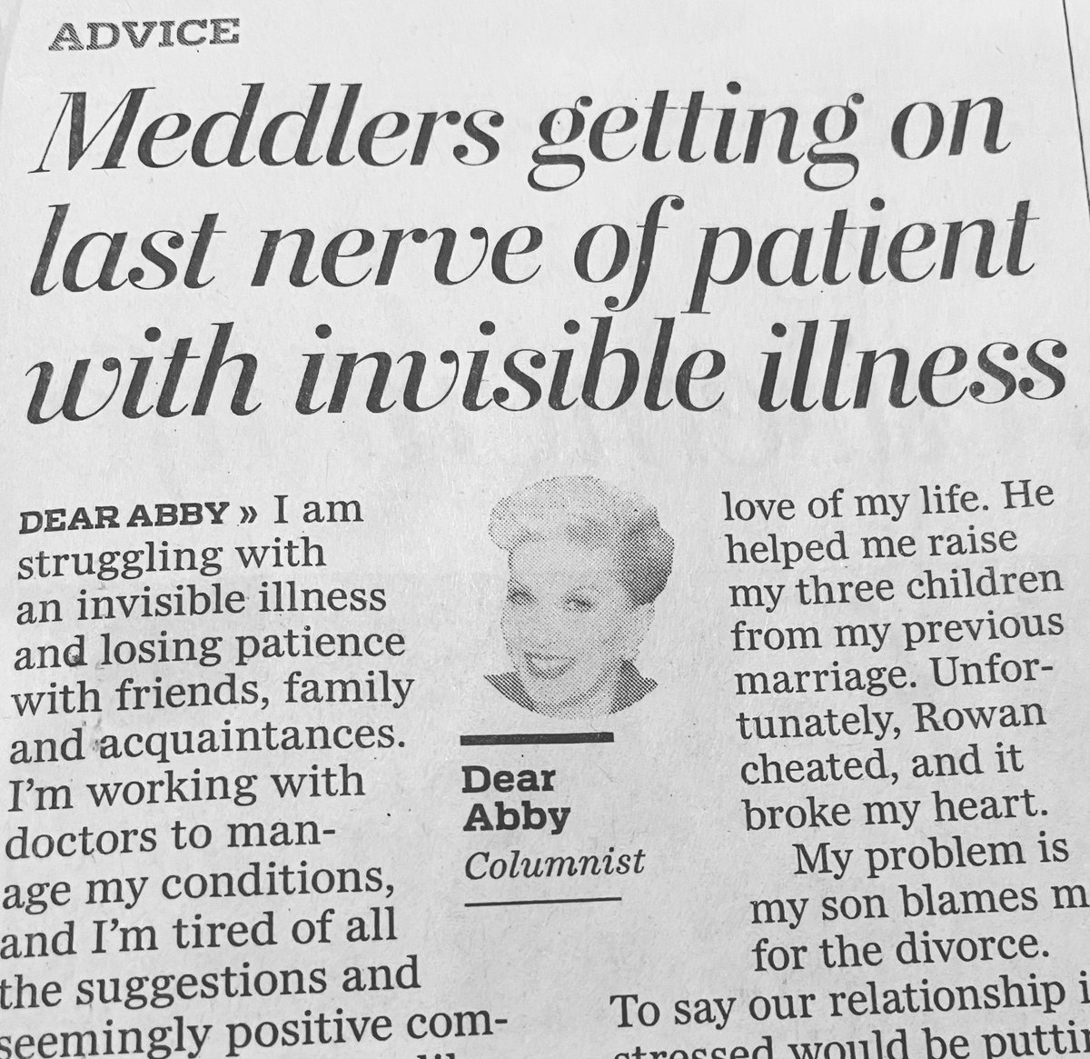 And just like that, invisible illness makes the Dear Abby column #invisibleillness #invisibledisability #migraine #chronicillness  #mentalhealth #mentalillness #depression #TMS 
 #tms #transcranialmagneticstimulation