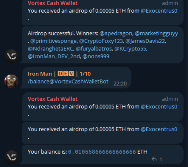 VortexCashETH's tweet photo. VortexCashWalletBot is running as we had hoped, with no-free transfers between users and airdrops to multiple users very quickly.

#vortexcash #vortexwallet #newinnovation #eths #Etherum #dApps https://t.co/1EqIUhuJZW