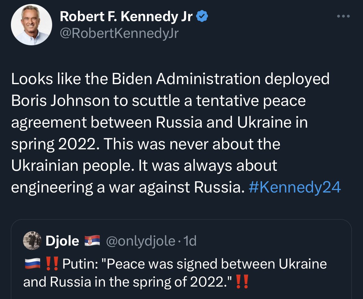 I was mostly ignoring him, but that’s over now.

He is citing this person on Twitter in Serbia for this. It’s a complete lie. What he is talking about was a proposal Ukraine sent Russia that Putin rejected as “totally unacceptable.” RFK Jr is a fraud, liar and a propagandist.