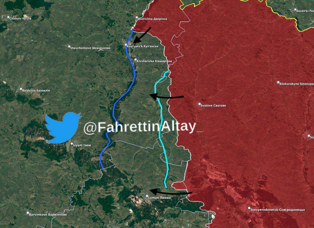 AFU MOD’dan Malyar, Rus ordusunun Lyman ve Kupyansk yönlerinde taarruz başlattığını açıkladı

RUAF Luhansk’ta, açık mavi ile çizdiğim Zherebets nehrine ve Luhansk idari sınırlarına, sonra ise Koyu mavi ile çizdiğim Oskil nehrine ulaşarak güçlerini Donetsk’e kaydırmayı hedefliyor