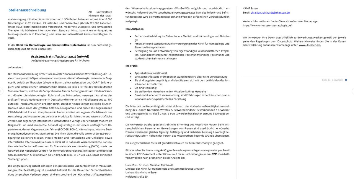 Pls RT:
Wir suchen für unser Team im Bereich der Stammzelltransplantation 2 neue Kolleginnen oder Kollegen im ärztlichen Dienst. Bitte bei Interesse gerne Bewerbungen an <a href="/chr_reinhardt/">Christian Reinhardt</a> Mail: christian.reinhardt@uk-essen.de