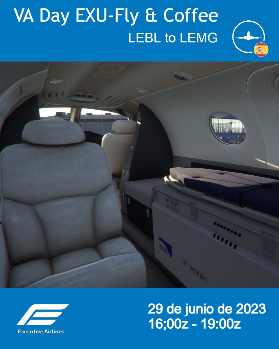 exuvirtual's tweet photo. Fly&amp;Coffee de @IVAOES Desde Executive Airlines VA, os invitamos a participar en un vuelo unidireccional desde LEBL (Barcelona) a LEMG (Málaga).  Un vuelo operado con aeronaves ejecutivas, incluidas versiones VIP como Boeing BBJ2  también. Anímate y por su puesto, pásalo bien! https://t.co/9FGrPLu3wR