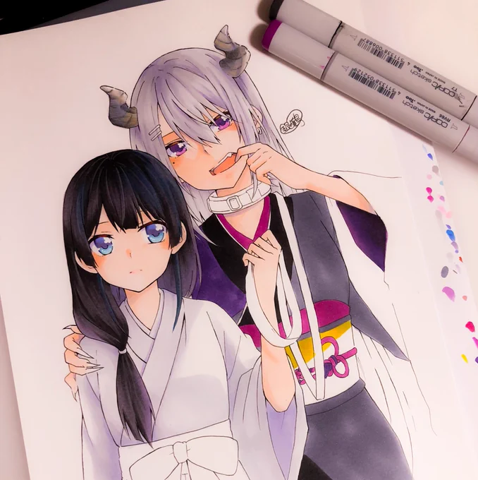 とりあえず色の下地だけどんどん塗ってこーと思って塗り始めたけど、着物に色つけるとよりらしくなって良いね 鬼でろ巫女美兎