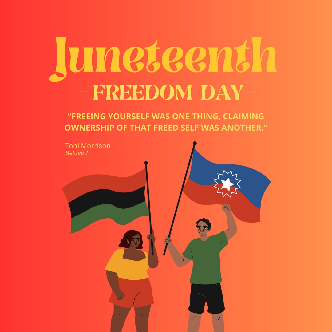 Today's #MotivationalMonday recognizes Juneteenth through a quote from Toni Morrison's 1987 novel Beloved. ❤️💛💚
#Juneteenth #ToniMorrison#freedom