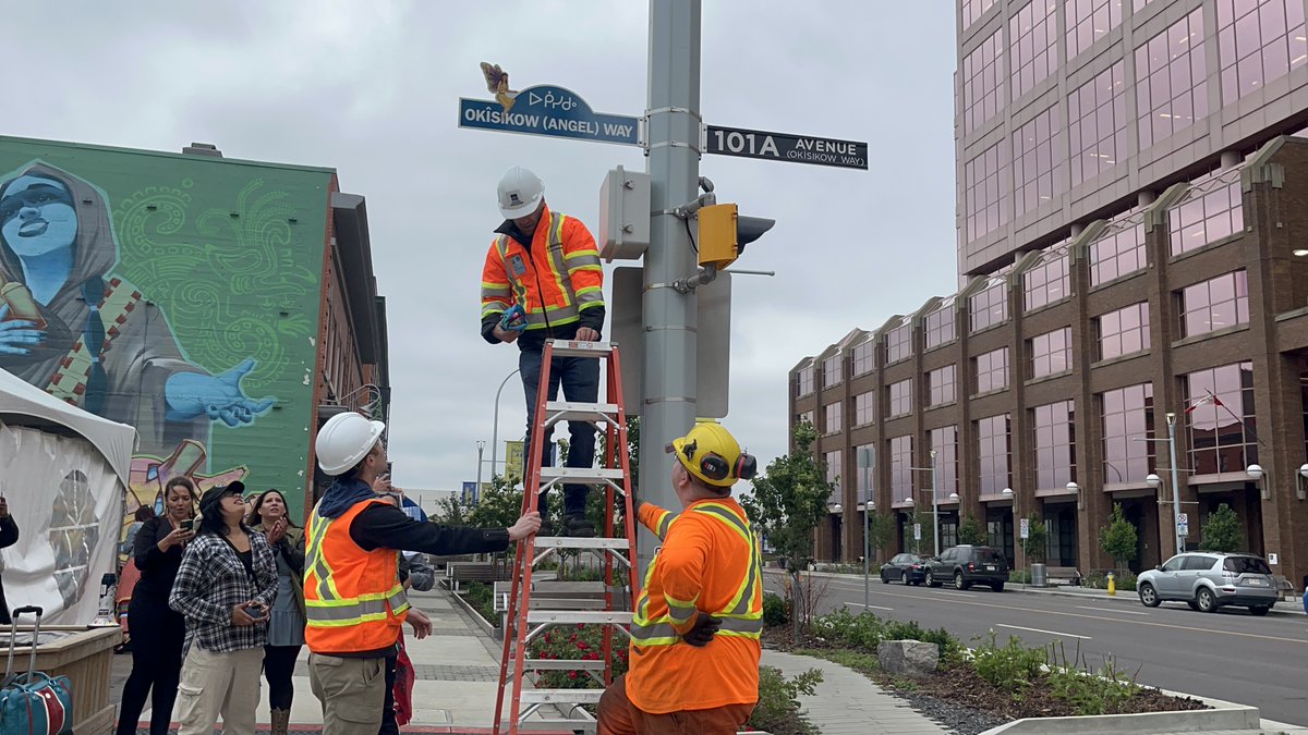 New street blades are unveiled during Okîsikow (Angel) Way Day on June 14th. Okîsikow (Angel) Way, located along 101A Avenue between 96th and 97th Streets, was named in 2011 to raise awareness of victims of gender-based violence. 
--
#yeg #yegdt #BoyleStreet