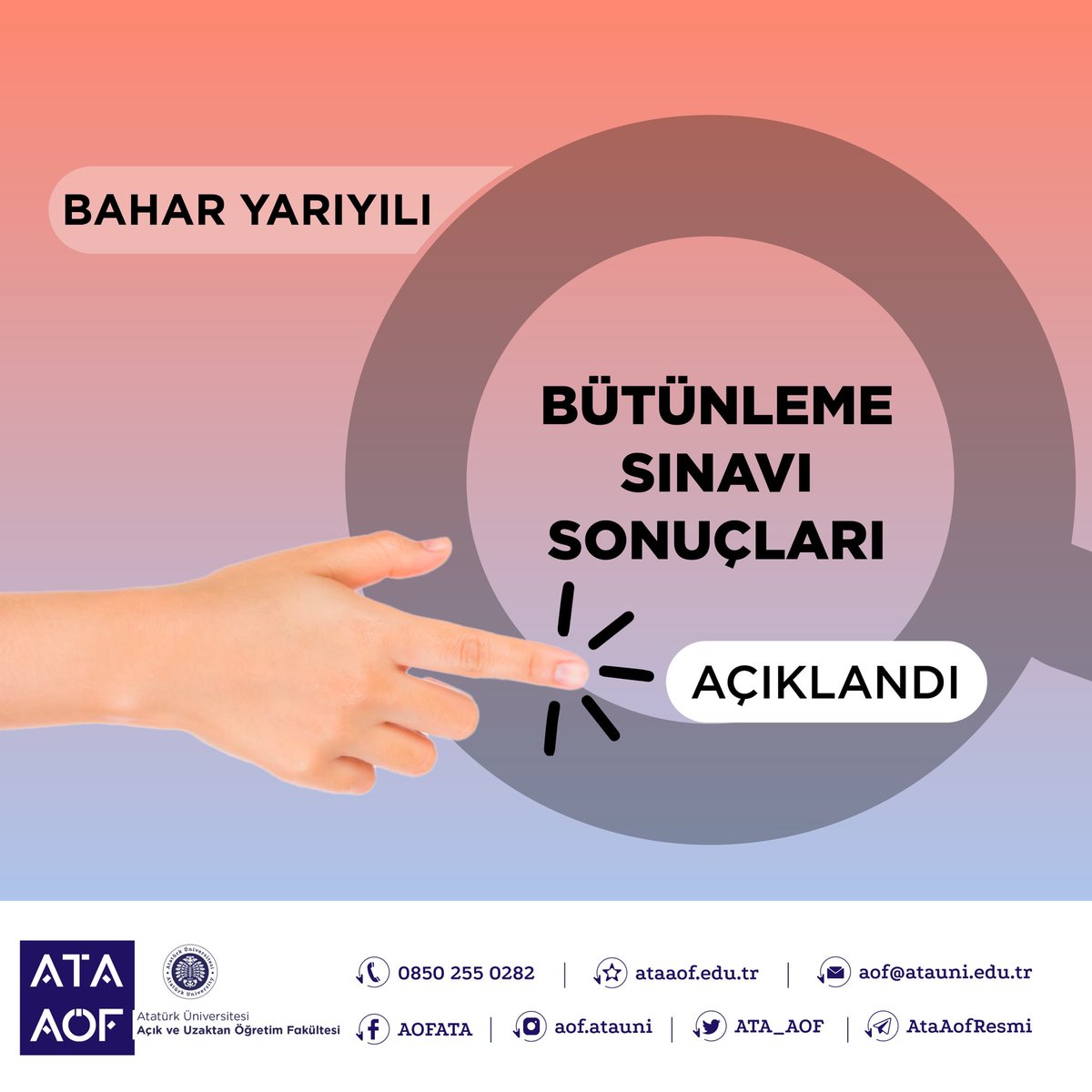 2022-2023 Bahar Yarıyılı Online Bütünleme Sınavı Sonuçları Açıklandı

#ATAAÖF #AçıkveUzaktanÖğretimFakültesi
#BütünlemeSınavı

t.me/AtaAofResmi
facebook.com/AOFATA/
instagram.com/aof.atauni/
@atauni1957