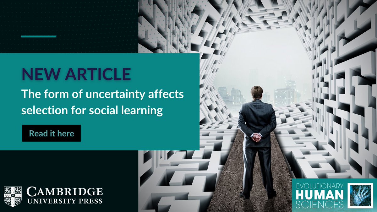 Journal_EHS's tweet photo. The form of uncertainty affects selection for social learning | Evolutionary Human Sciences | Cambridge Core - https://t.co/3jP1nK9OkU
By Matthew A. Turner et al
Watch the Video: https://t.co/h3fZL5rKFo🎥
#AcademicTwitter #OpenAccess #Anthropology #social_learning #uncertainty https://t.co/wVjEpubyzC