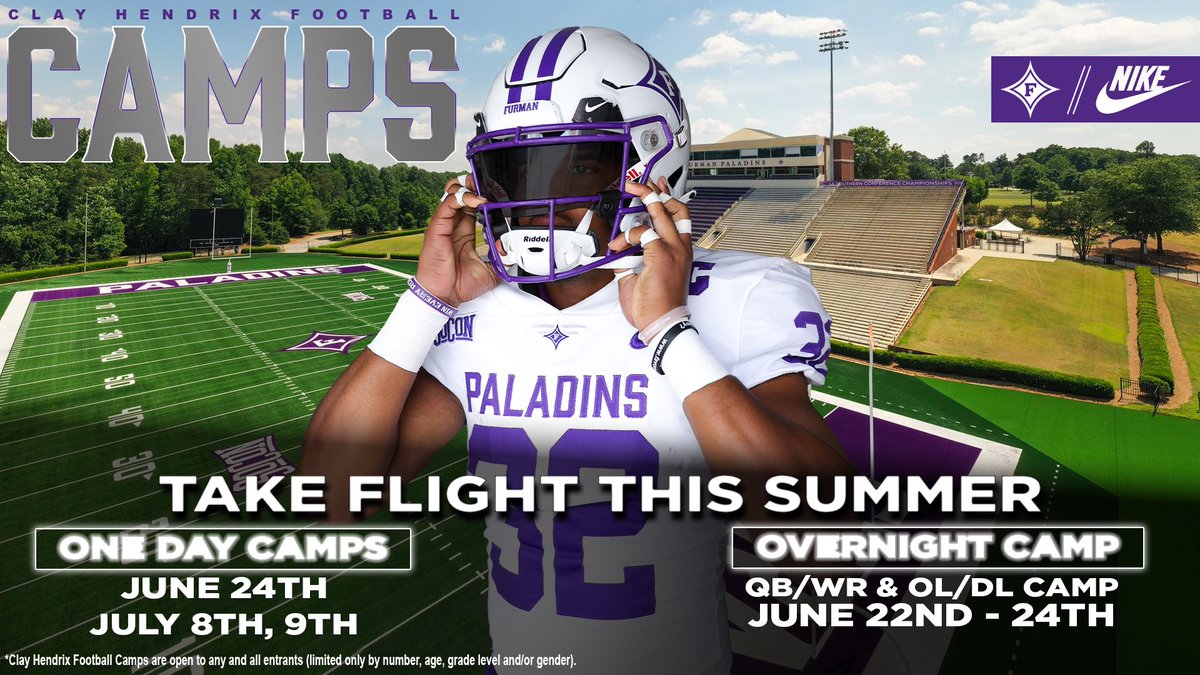 Furman Football (@paladinfootball) on Twitter photo ๐จ Attention Middle School and High School Coaches๐จ
Spots still available this week for our overnight camp ๐
โ- Clay.mazza@furman.edu
Link to sign up - furmanfootball.totalcamps.com/shop/EVENT ๐จ Attention Middle School and High School Coaches๐จ
Spots still available this week for our overnight camp ๐
โ- Clay.mazza@furman.edu
Link to sign up - furmanfootball.totalcamps.com/shop/EVENT