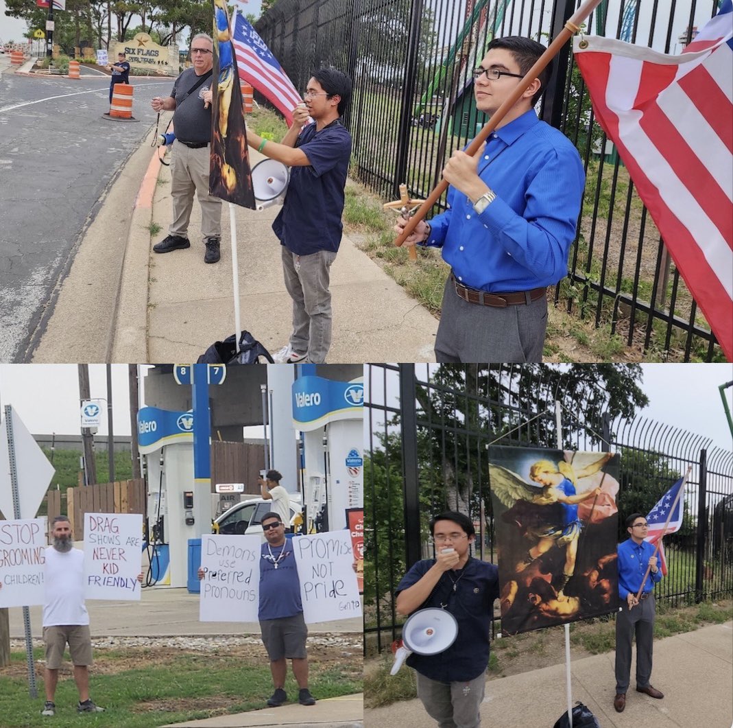 This past Saturday, members gathered with @protecttxkids_ outside Six Flags in Arlington, Texas, to pray the rosary and protest the Pride agenda, including a drag show, being present at a theme park for families.

Texas belongs to Christ, not sin.