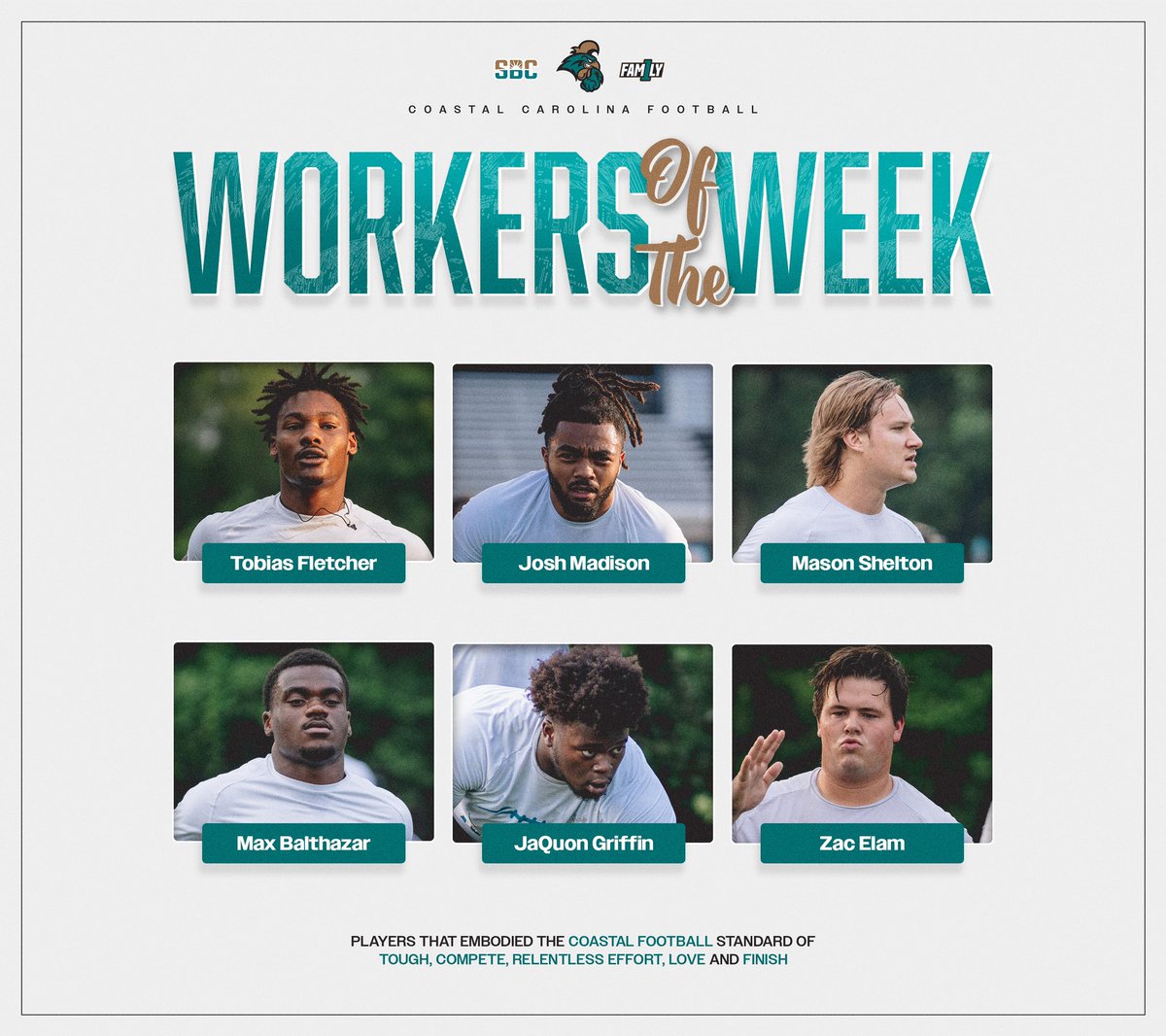 CoastalFootball's tweet photo. Workers of the week! #FAM1LY | #BALLATTHEBEACH | #TEALNATION https://t.co/INz6CrBkhx